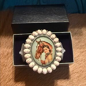 Vintage Western Horse & Girl Oval Picture Cuff Bracelet - White Bead Frame